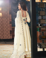 Muslin Silk Blue-Cream Embroidered Suit Set