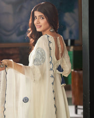 Muslin Silk Blue-Cream Embroidered Suit Set