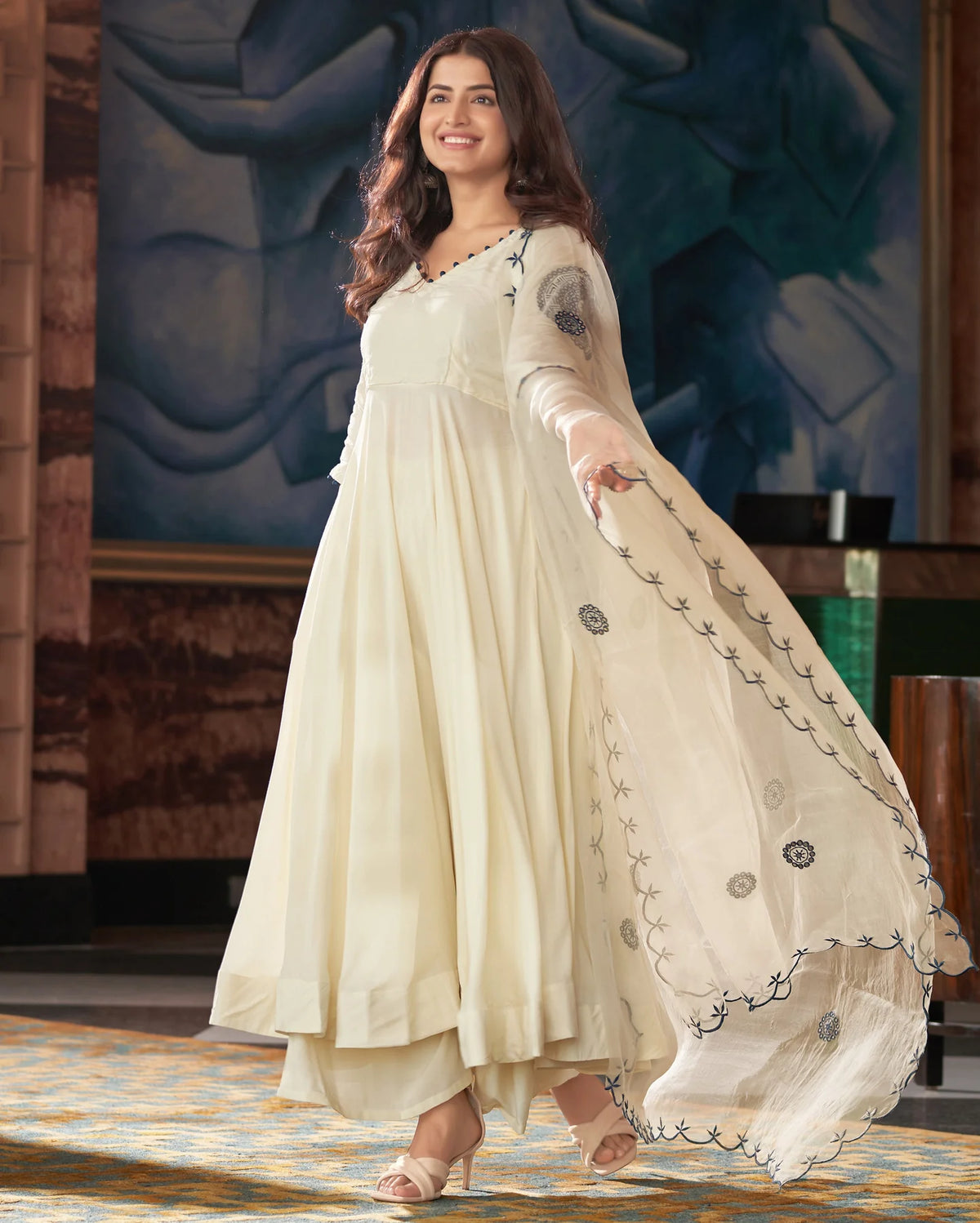 Muslin Silk Blue-Cream Embroidered Suit Set