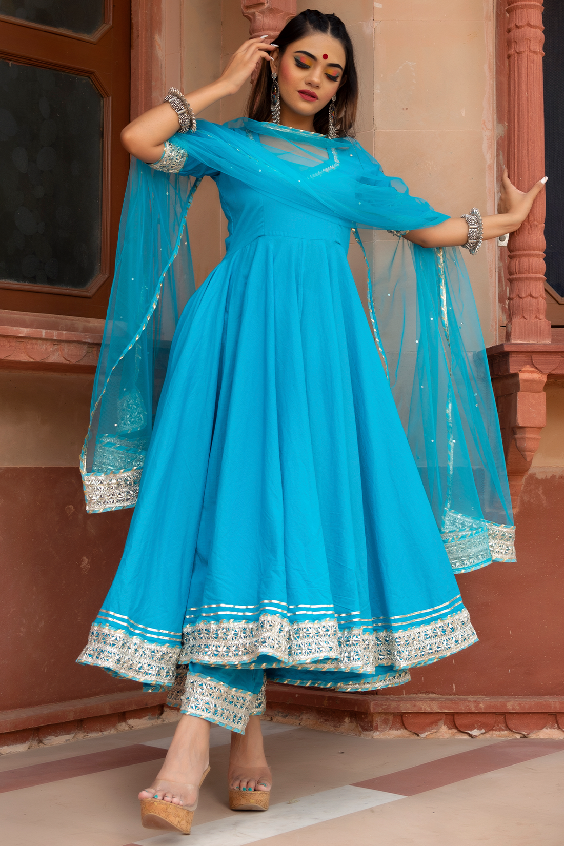 Blue cotton anarkali set for women