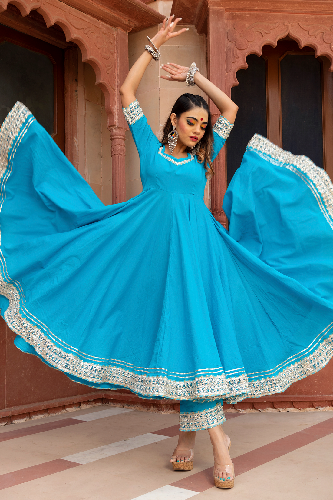 Blue anarkali dress with soft net dupatta