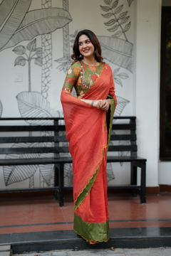 Rust Kalamkari Mirror Mul Cotton Saree with Blouse