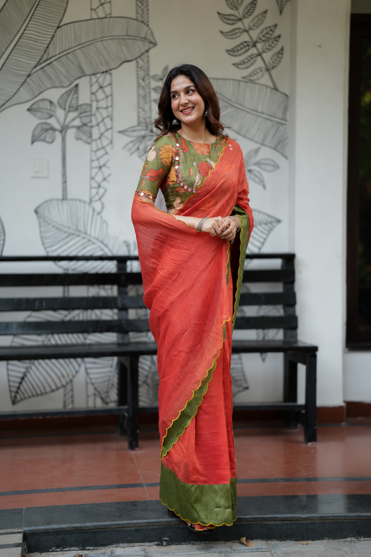 Rust Kalamkari Mirror Mul Cotton Saree with Blouse
