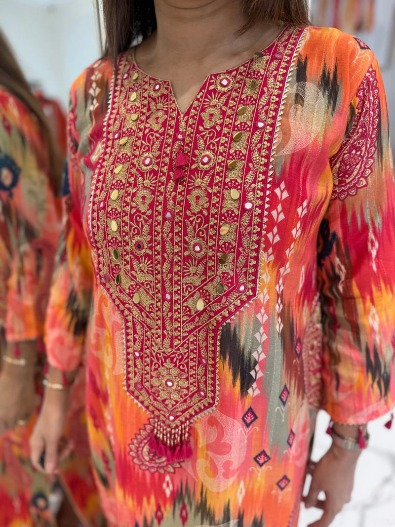Multicolor Cotton Thread Mirror Kaftan Set