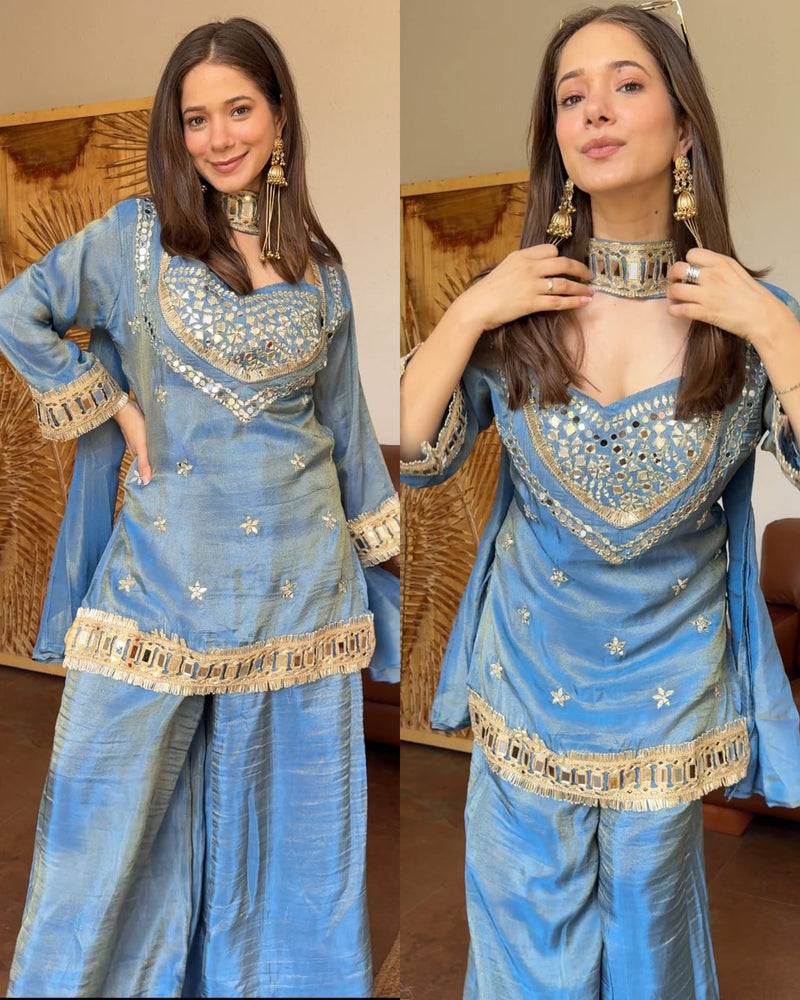 Steel Blue Tissue 4-Piece Bustier Set with Mirror Work & Choker Dupatta