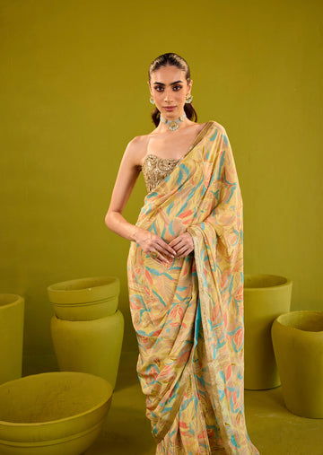 Yellow Crepe Saree With Gold Strapless Blouse