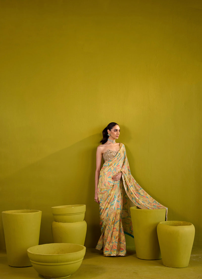 Yellow Crepe Saree With Gold Strapless Blouse