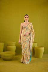 Yellow Crepe Saree With Gold Strapless Blouse