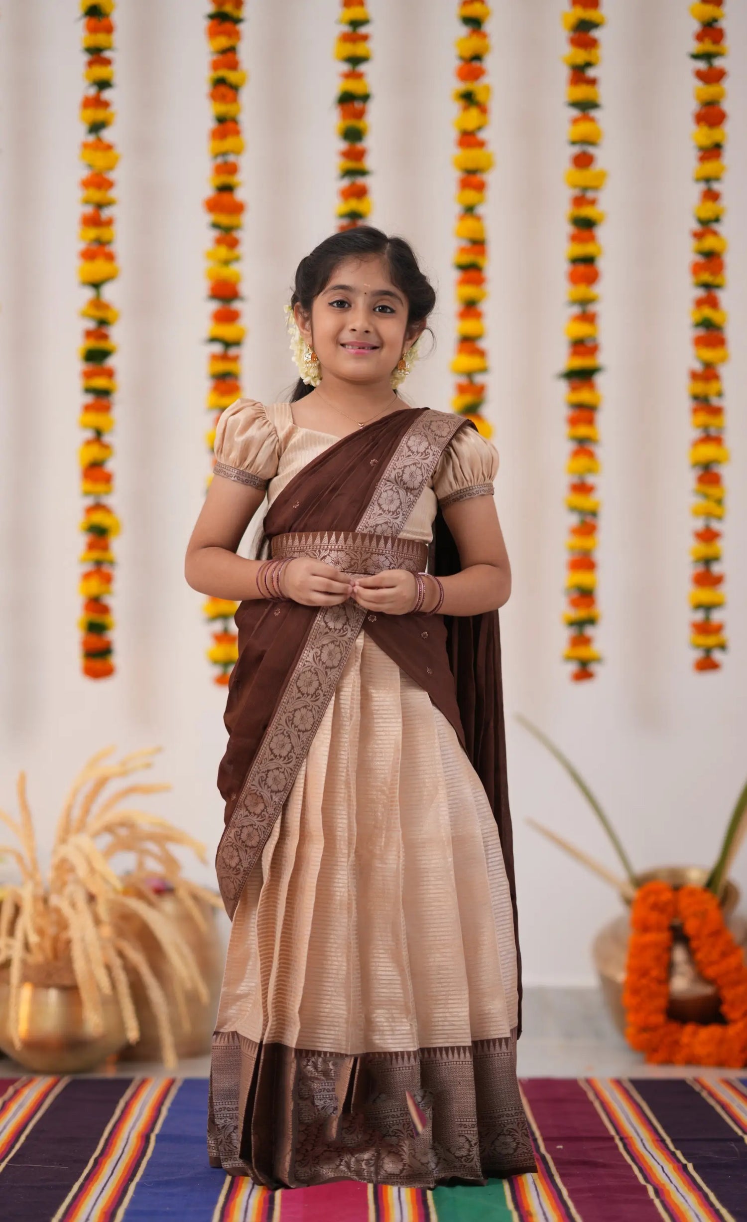 cream brown half saree