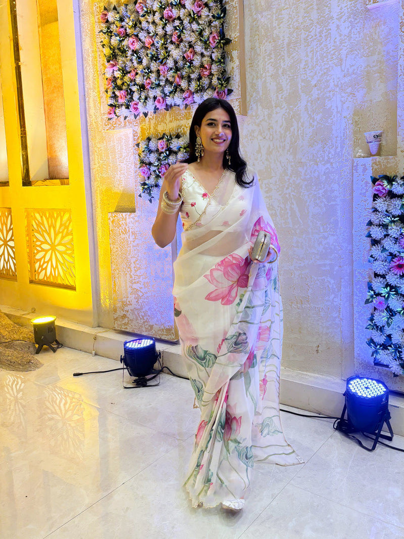 Kumud Off White Organza Silk Saree
