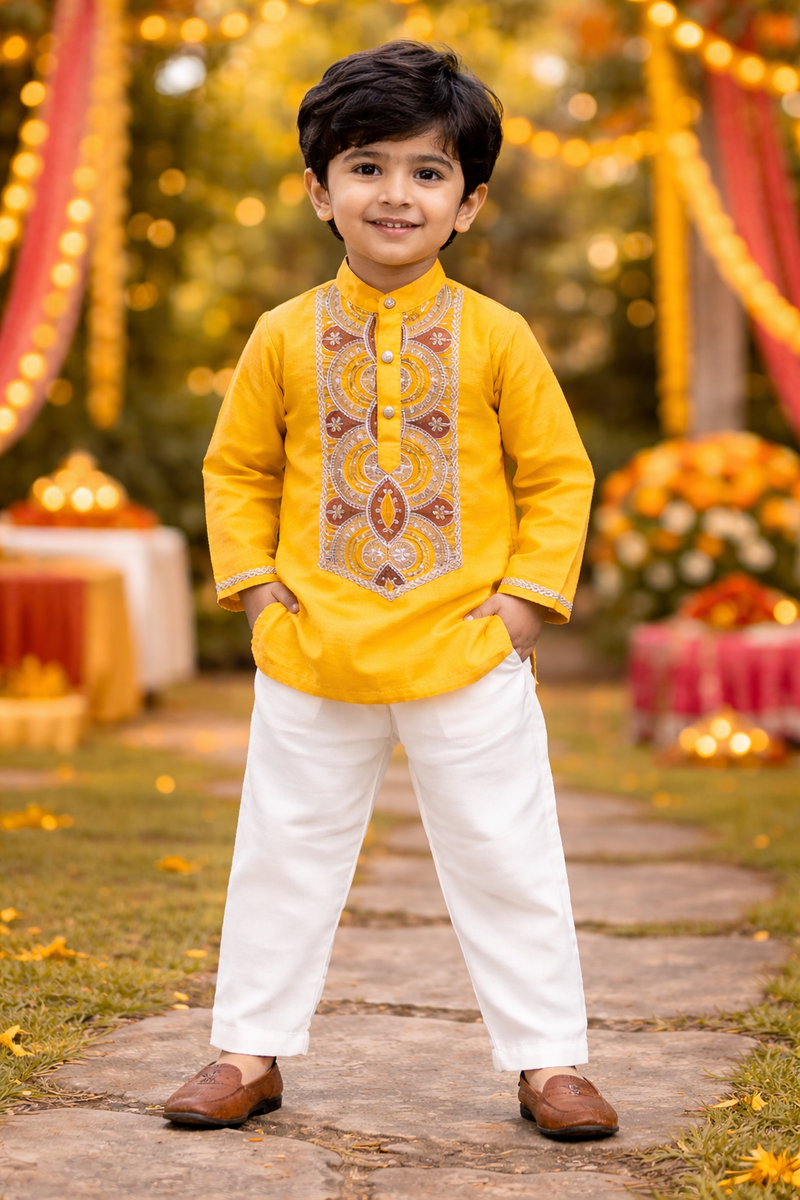 Sunshine Yellow Embroidered Kurta Set for Boys