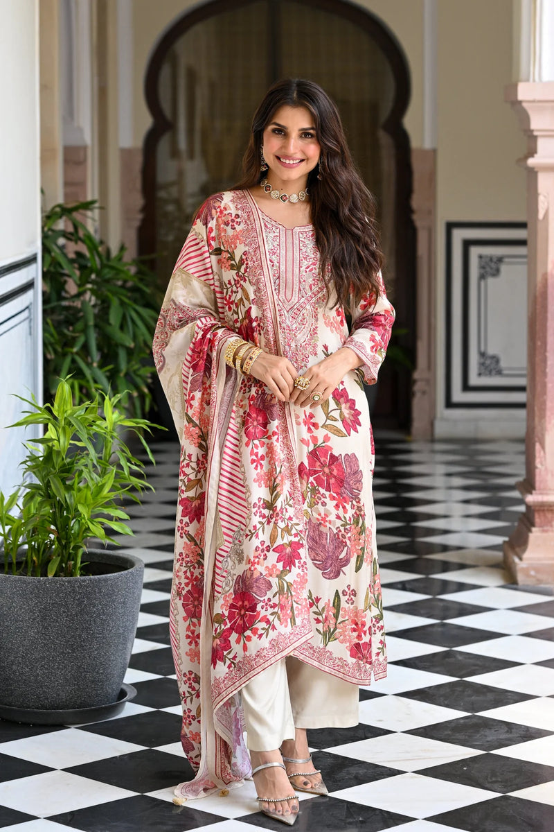 Bollywood Style Floral Embroidered Muslin Suit Set