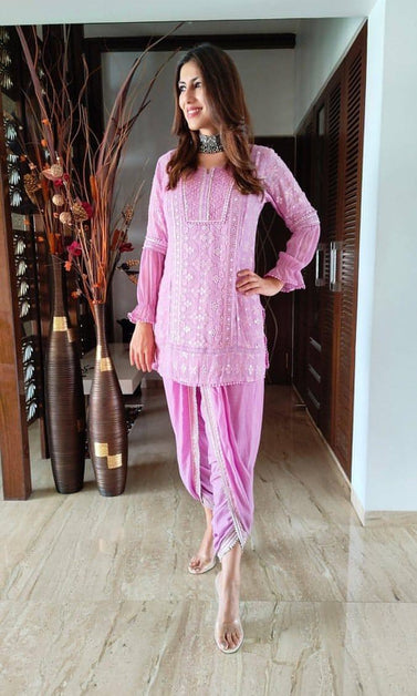 Lavender Pink Chikan Kurta Set