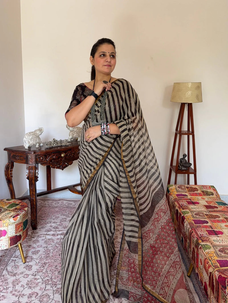 Handblock Kota Doria Striped Saree