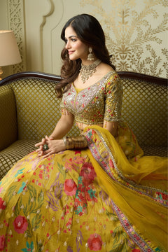 Shimmer Embroidered Lehenga Set with Mirror Work Blouse & Sheer Dupatta Set