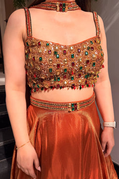 Rust Orange Embellished Lehenga Set with Statement Choker Blouse