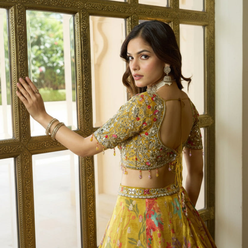 Shimmer Embroidered Lehenga Set with Mirror Work Blouse & Sheer Dupatta Set
