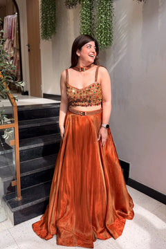 Rust Orange Embellished Lehenga Set with Statement Choker Blouse