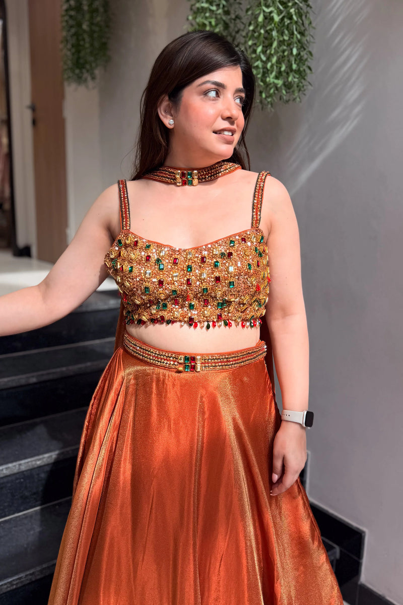 Rust Orange Embellished Lehenga Set with Statement Choker Blouse