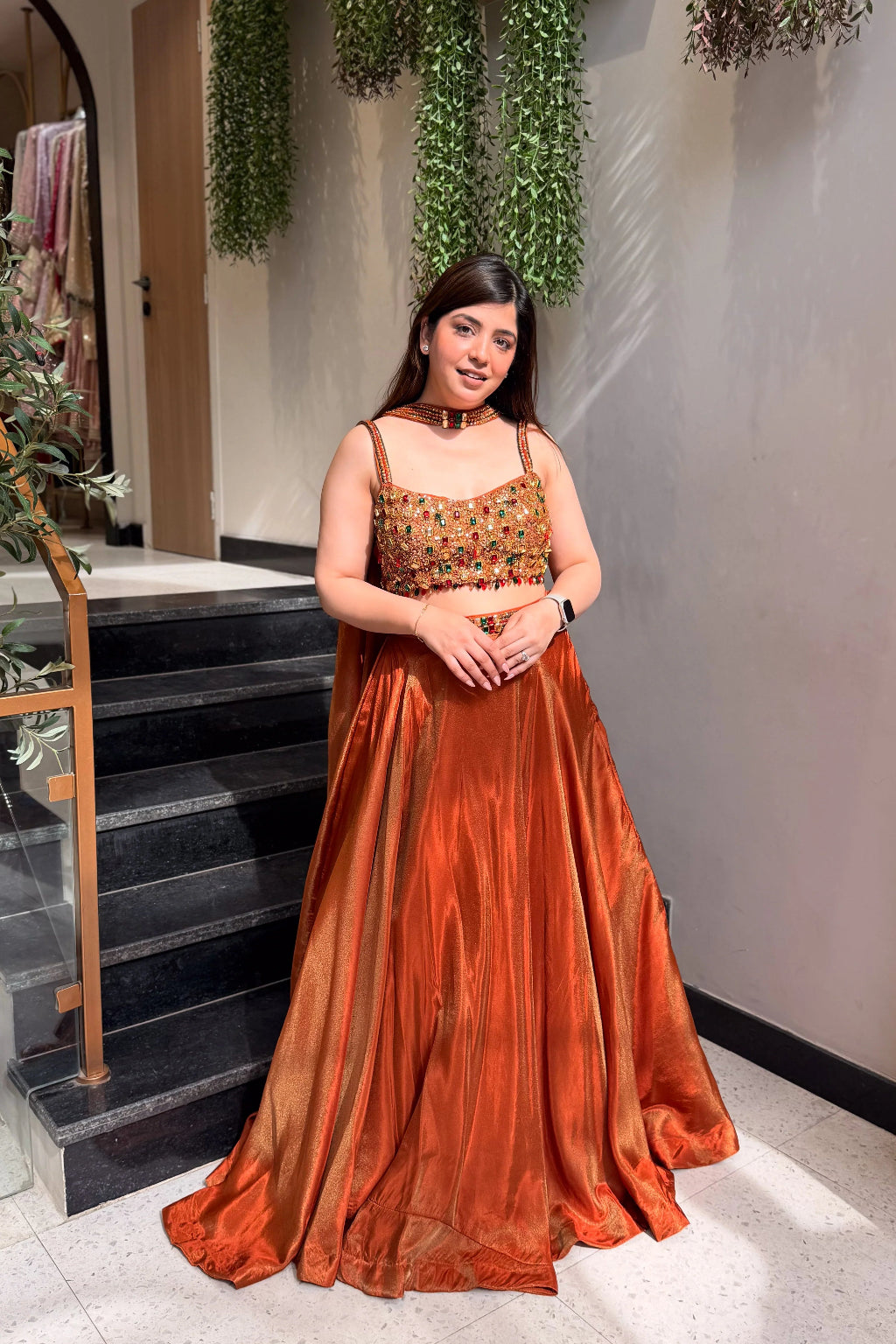 open lace back dress Rust Orange Embellished Lehenga Set with Statement Choker Blouse – Reet  Lifestyle