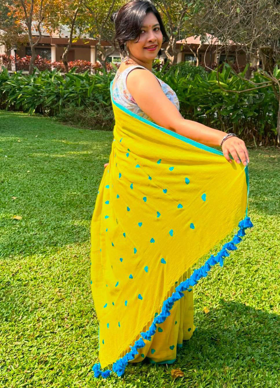 Lemon yellow soft cotton saree