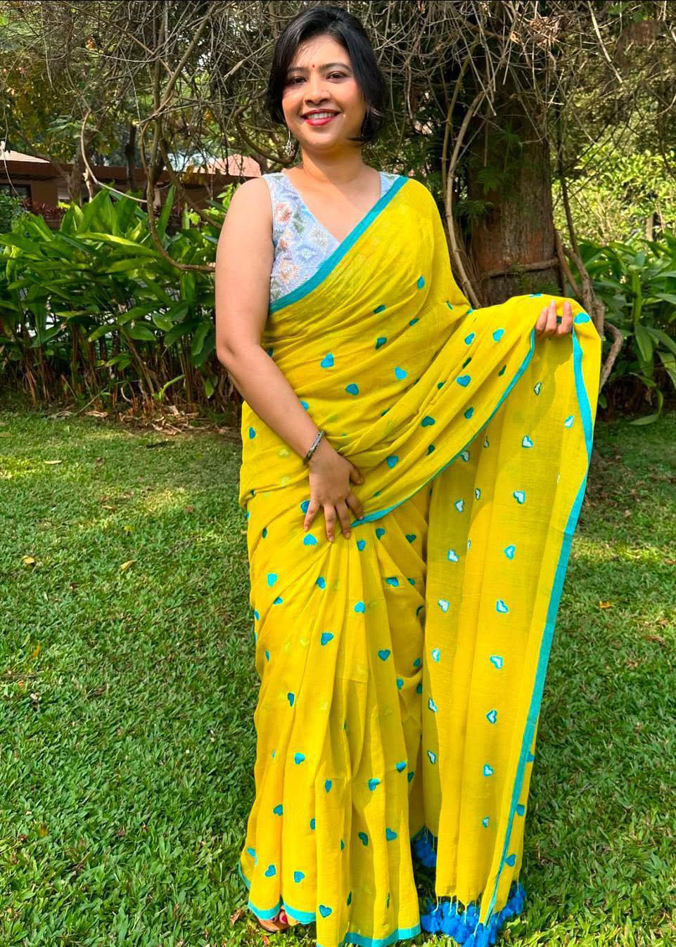 Lemon yellow soft cotton saree