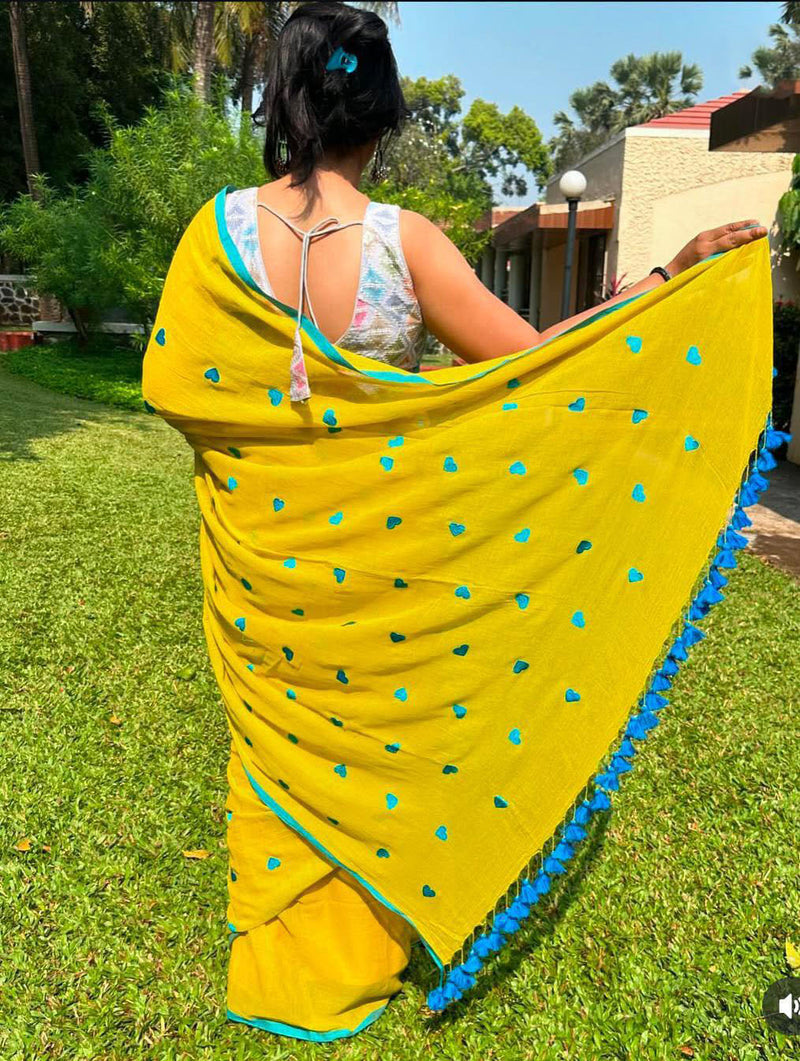 Lemon yellow soft cotton saree