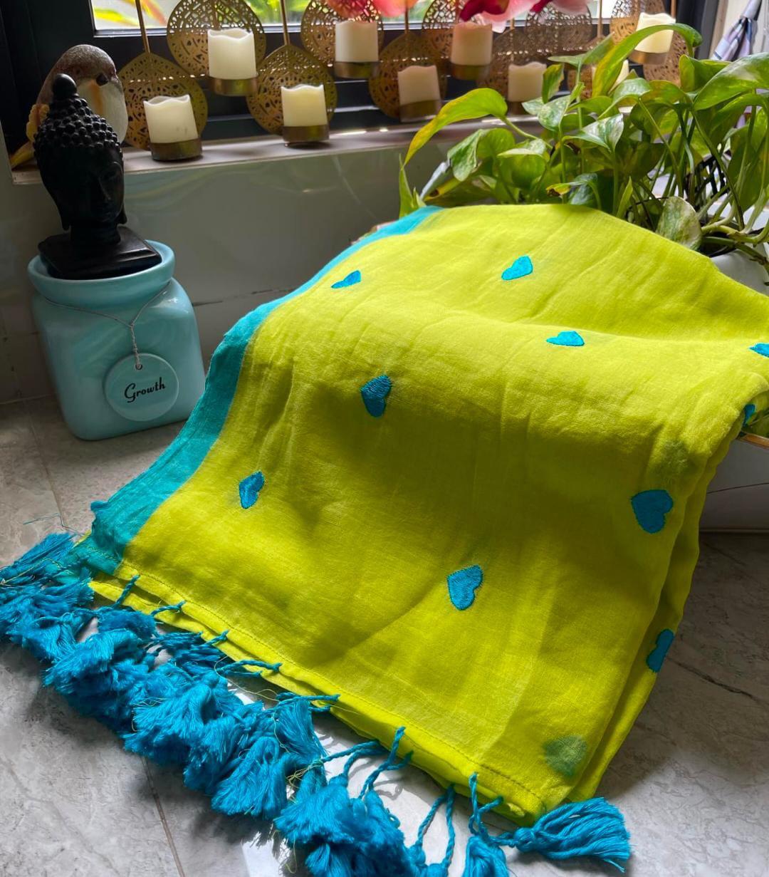 Lemon yellow soft cotton saree