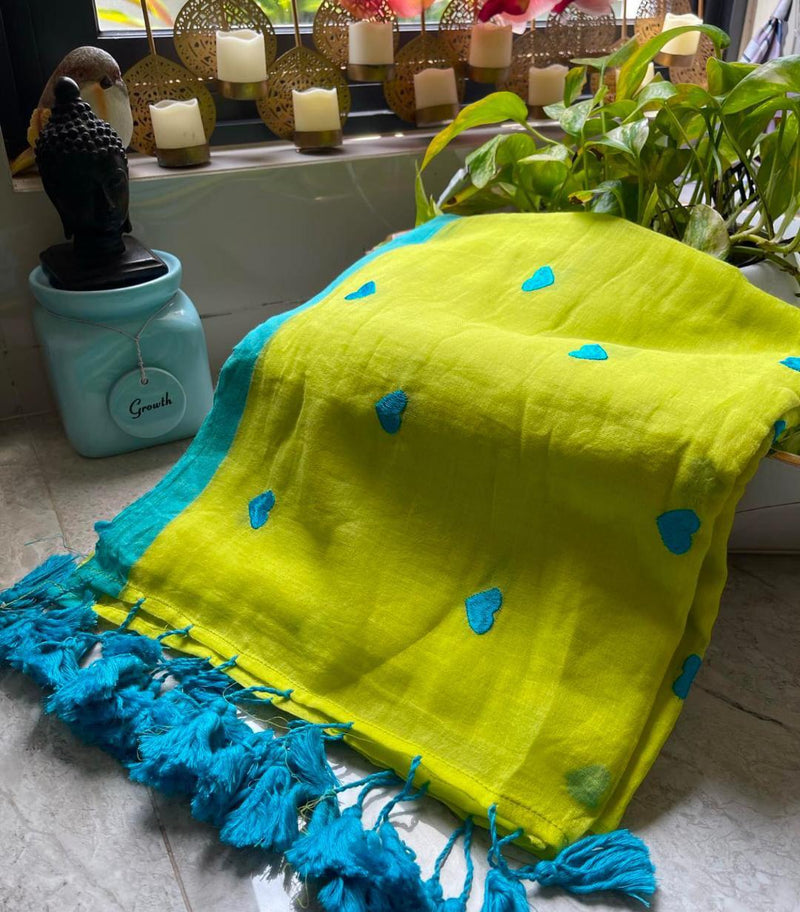 Lemon yellow soft cotton saree