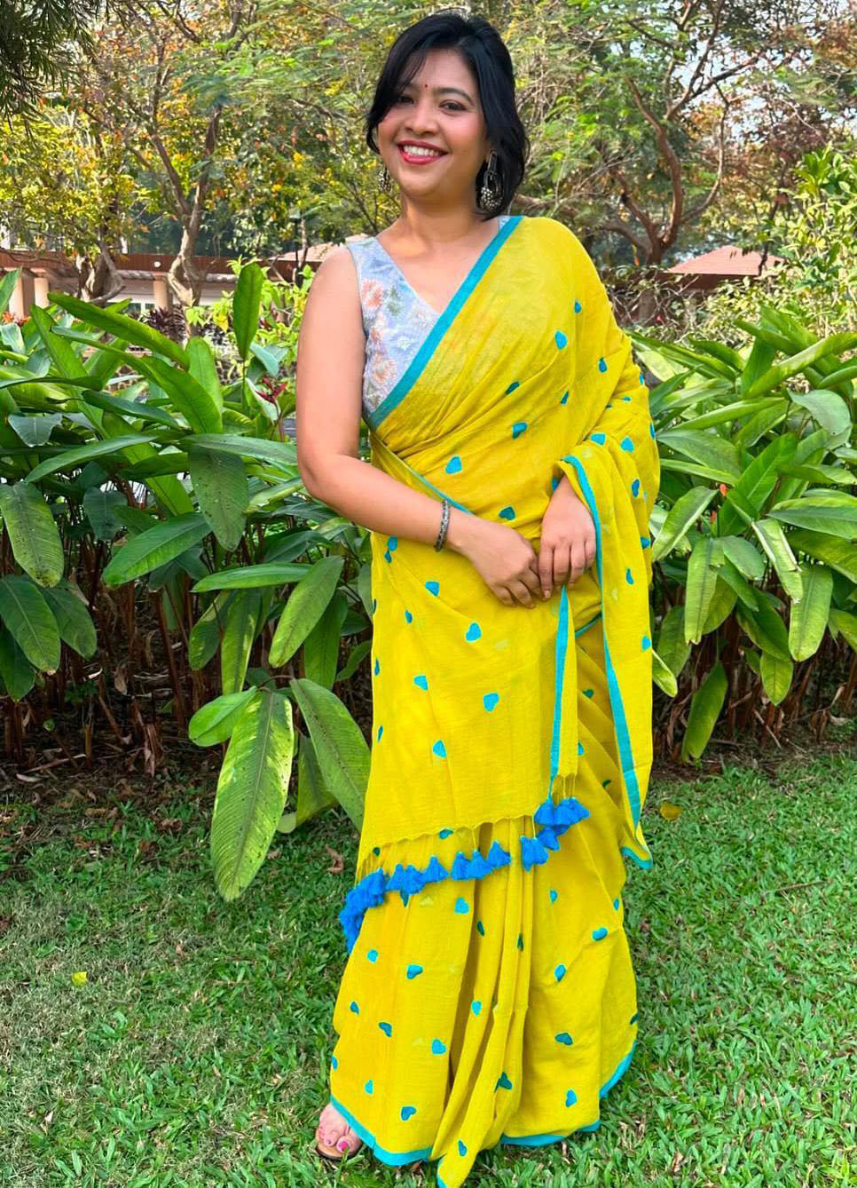 Lemon yellow soft cotton saree