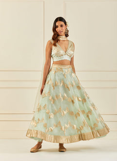 Light Green Organza Banarasi Lehenga With Mukaish Dupatta