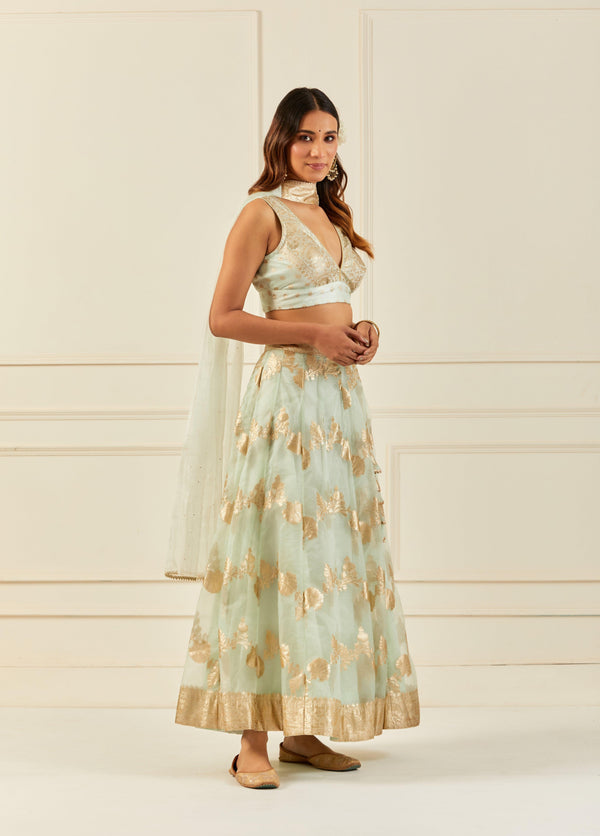 Light Green Organza Banarasi Lehenga With Mukaish Dupatta