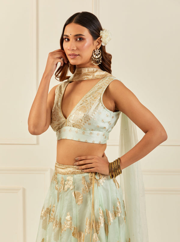 Light Green Organza Banarasi Lehenga With Mukaish Dupatta