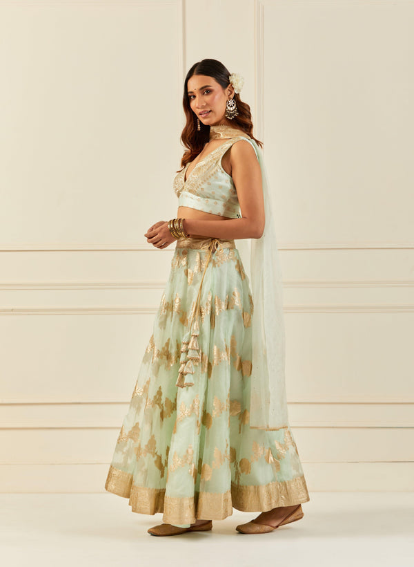 Light Green Organza Banarasi Lehenga With Mukaish Dupatta