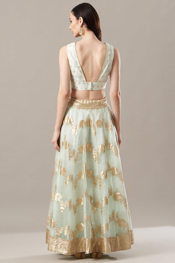 Light Green Organza Banarasi Lehenga With Mukaish Dupatta