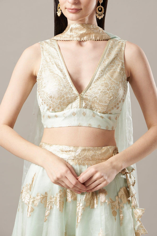 Light Green Organza Banarasi Lehenga With Mukaish Dupatta