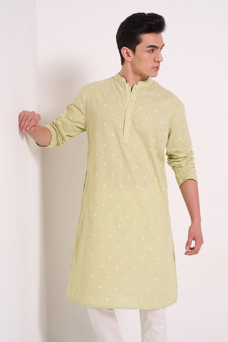 Light Green Printed Below Waist Kurta for Men