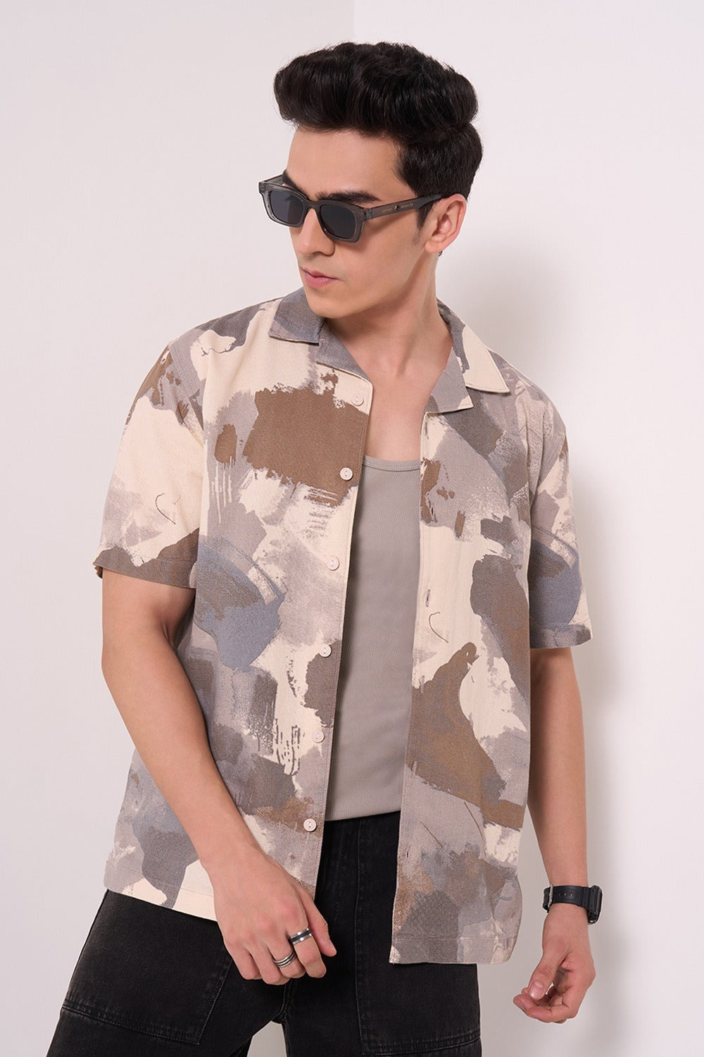 Light Grey Printed Relaxed Fit Shirt Men