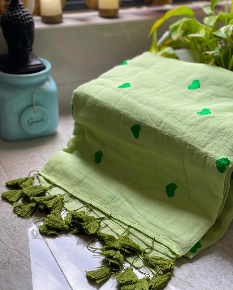 Light lime green mulmul cotton saree