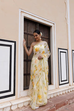 Light Yellow Hand Painted Floral Chiffon Saree
