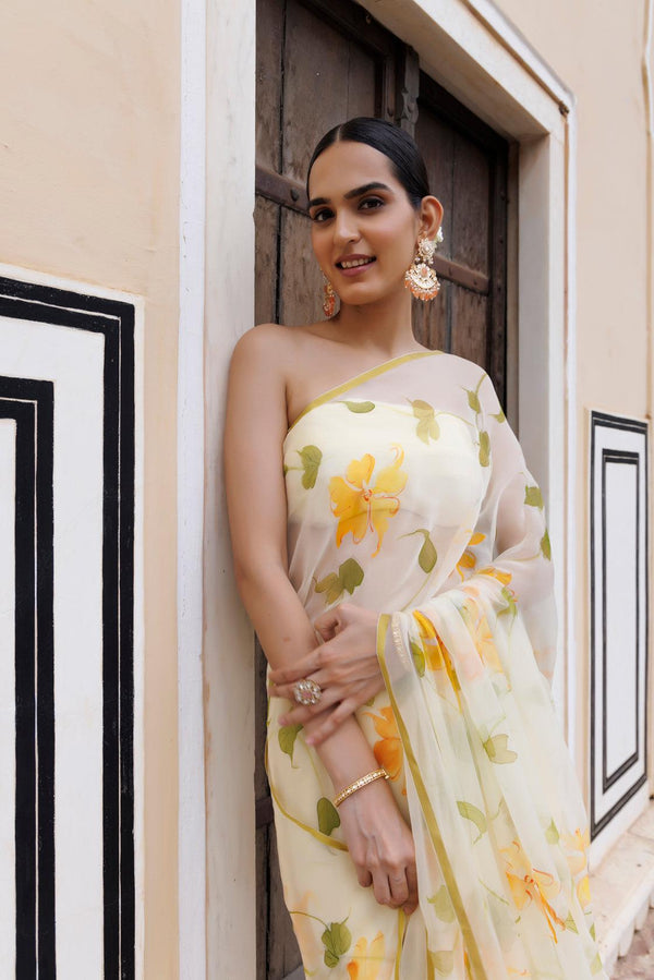 Light Yellow Hand Painted Floral Chiffon Saree