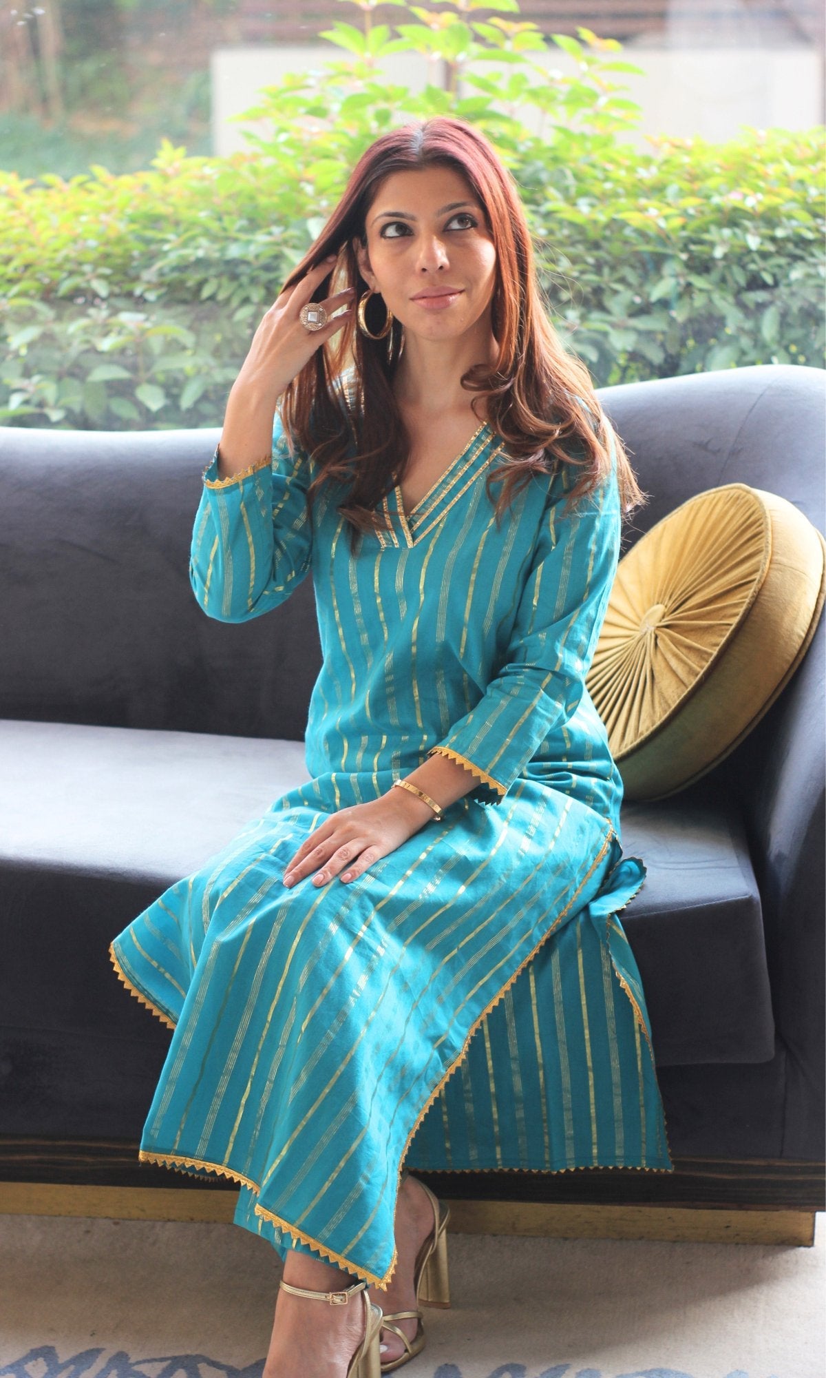 Teal gold ethnic wear