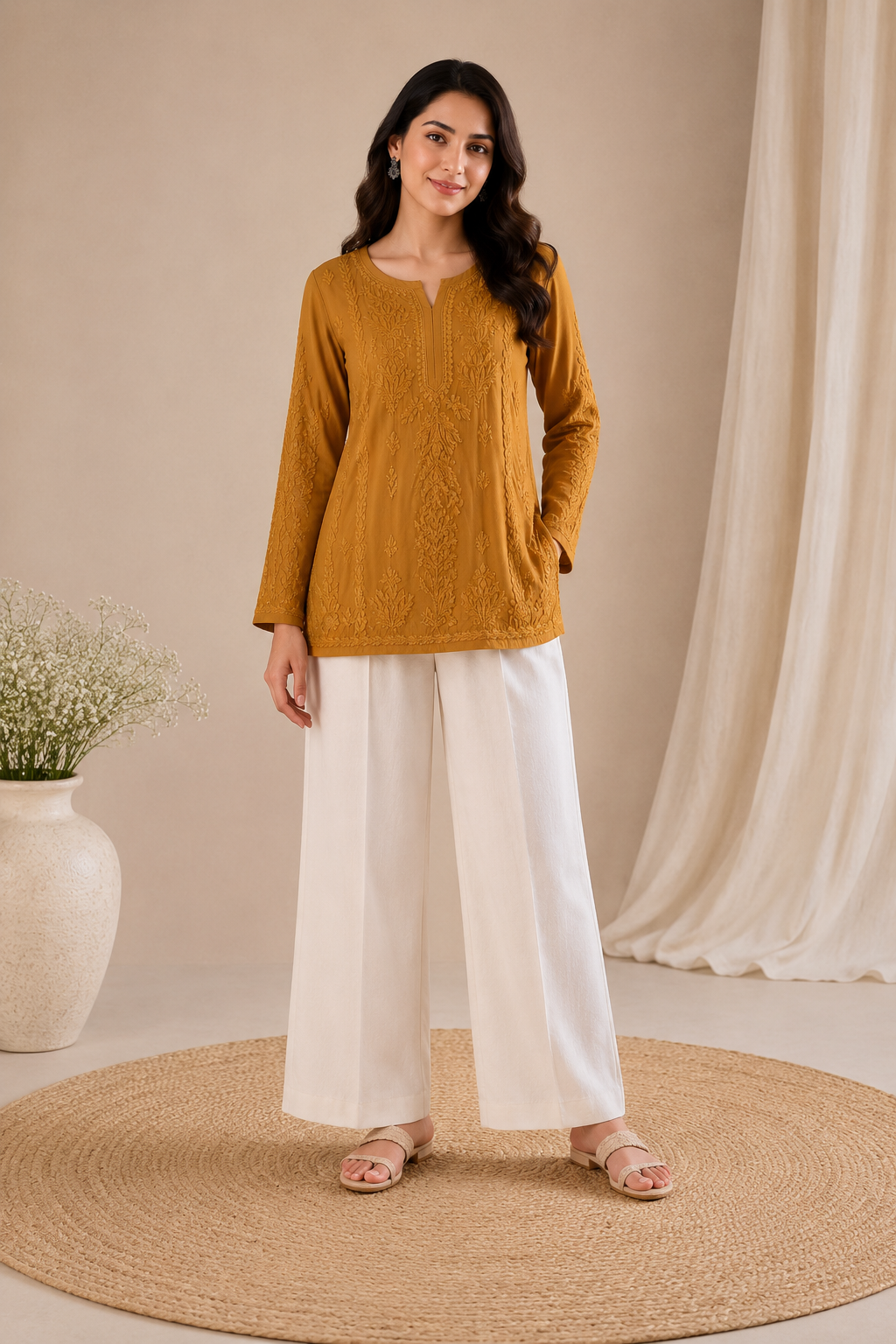 Lemon Yellow Modal Cotton Chikankari Short Kurta