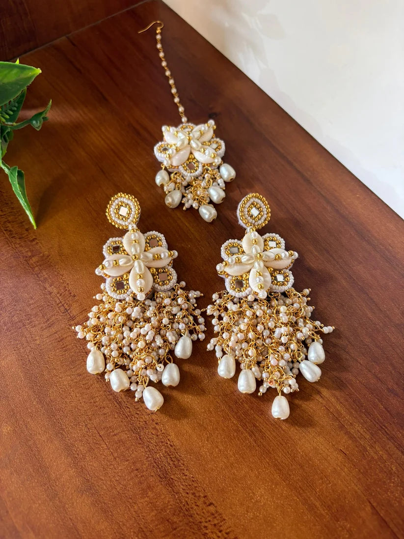 Pearl Blossom Floral Designer Maang Tikka & Earring for Women |