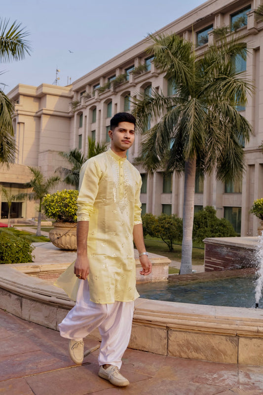 Macaron Yellow Men's Kurta with Embroidery 600