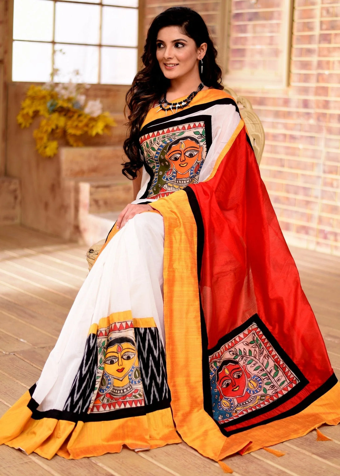 Chanderi Saree with Hand-Painted Madhubani & Ikat Combination