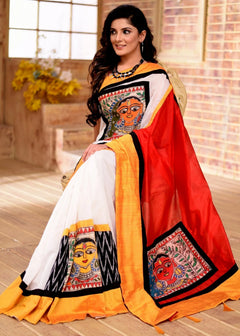 Chanderi Saree with Hand-Painted Madhubani & Ikat Combination