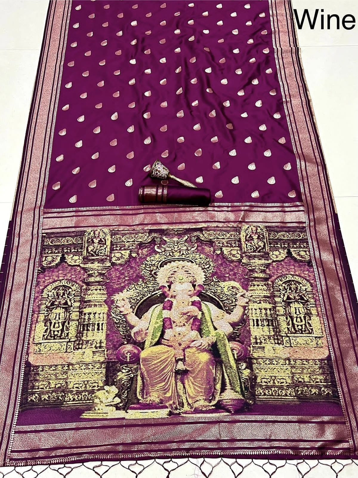 Wine paithani silk ganpati design saree
