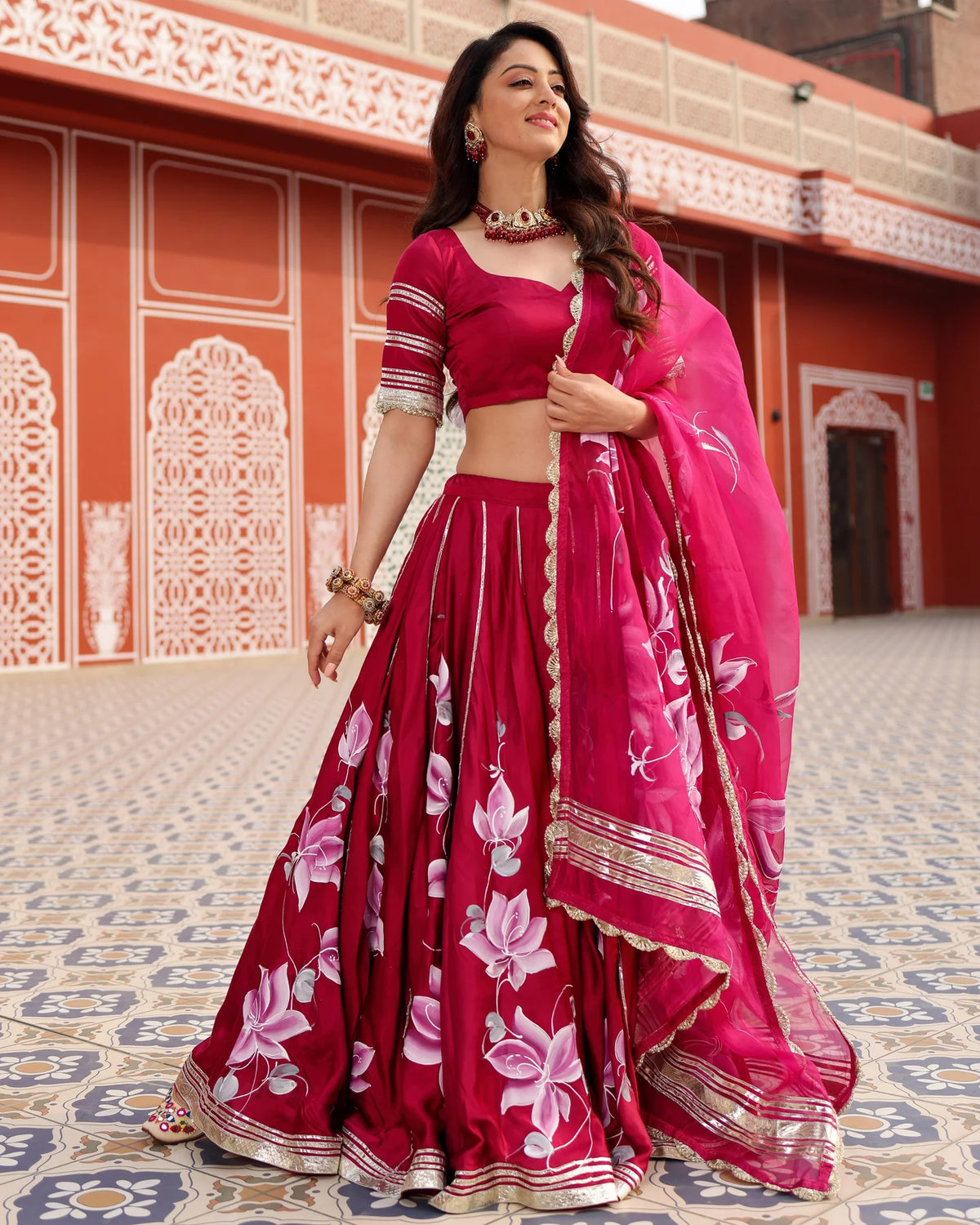 Magenta Pink Handpainted Lehenga Set with Stitched Blouse