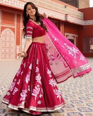 Magenta Pink Handpainted Lehenga Set with Stitched Blouse